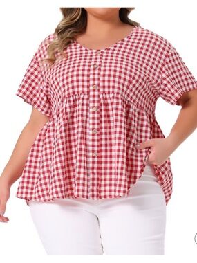Emery Rose 3X Gingham Peplum Babydoll Top V-Neck Button Retro